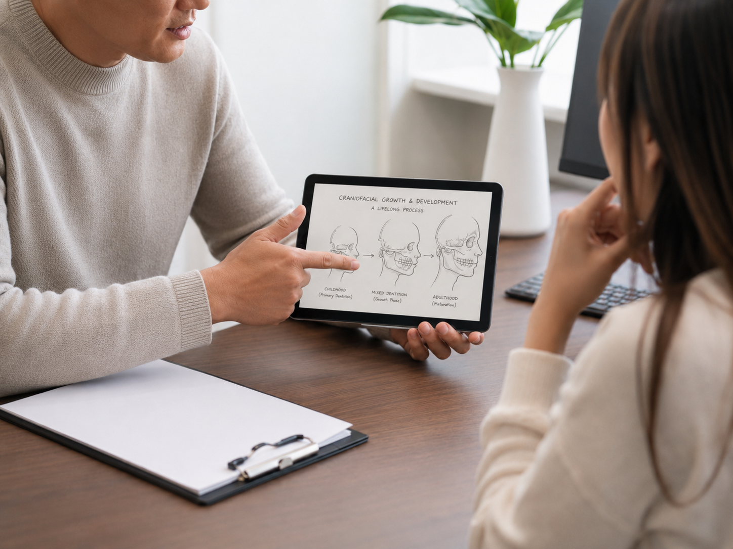 Practitioner showing a patient a hand-drawn craniofacial growth diagram on a tablet